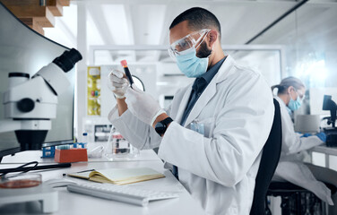 Man, lab and research in science to study dna of virus with PPE for safety, wellness and health....