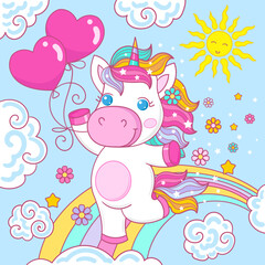 A cute, cartoon unicorn with balloons runs across the rainbow. Fantasy animal. For the design of prints, posters, cards, stickers, puzzles and so on. Vector