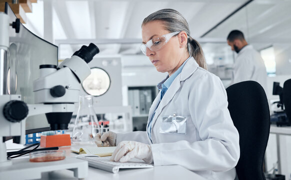 Laboratory, Microscope And Woman Typing On Computer For Medical Data, Petri Dish Test Results Or Healthcare Cancer Research. Mature Scientist, Worker Or Dna Science Engineer In Sweden With Technology