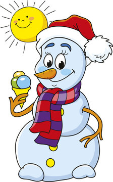 Coloring page outline of cartoon smiling cute snowman with ice cream. Colorful vector illustration, winters coloring book for kids.