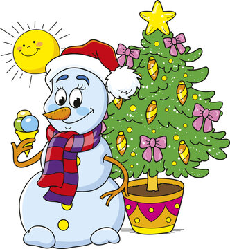 Coloring page outline of cartoon smiling cute snowman with ice cream and Сhristmas tree. Colorful vector illustration, winters coloring book for kids.