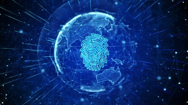 Fingerprint Digital Global Technology World Network connections Loop background. concept of, biometrics, information and cyber security. Mixed media. Security access Identification System Concept
