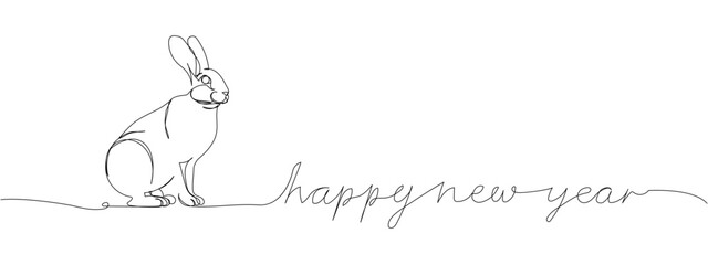Rabbit and inscription happy new year one line art. Continuous line drawing of new year holidays, christmas, congratulations, weekend, animal, zodiac, symbol of the year, festive atmosphere.