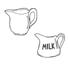 Set doodle icons - Jug and glasses with a drink - splashing and pouring glass. Doodle glass: empty, partially filled, half full, full. Image include hand drawing words: Water, Milk, Drink