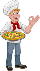 Chef Cook Man Cartoon Holding A Pizza