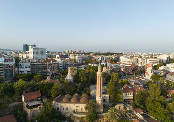 Fototapeta na wymiar Kaleici Marina and Yivli Minaret Drone Photo, Kaleici Antalya City Center, Antalya Turkey