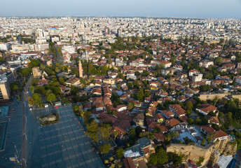 Fototapeta premium Kaleici Marina and Yivli Minaret Drone Photo, Kaleici Antalya City Center, Antalya Turkey