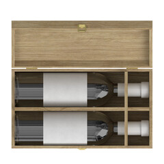 3d rendering illustration of a wooden box with two wine bottles