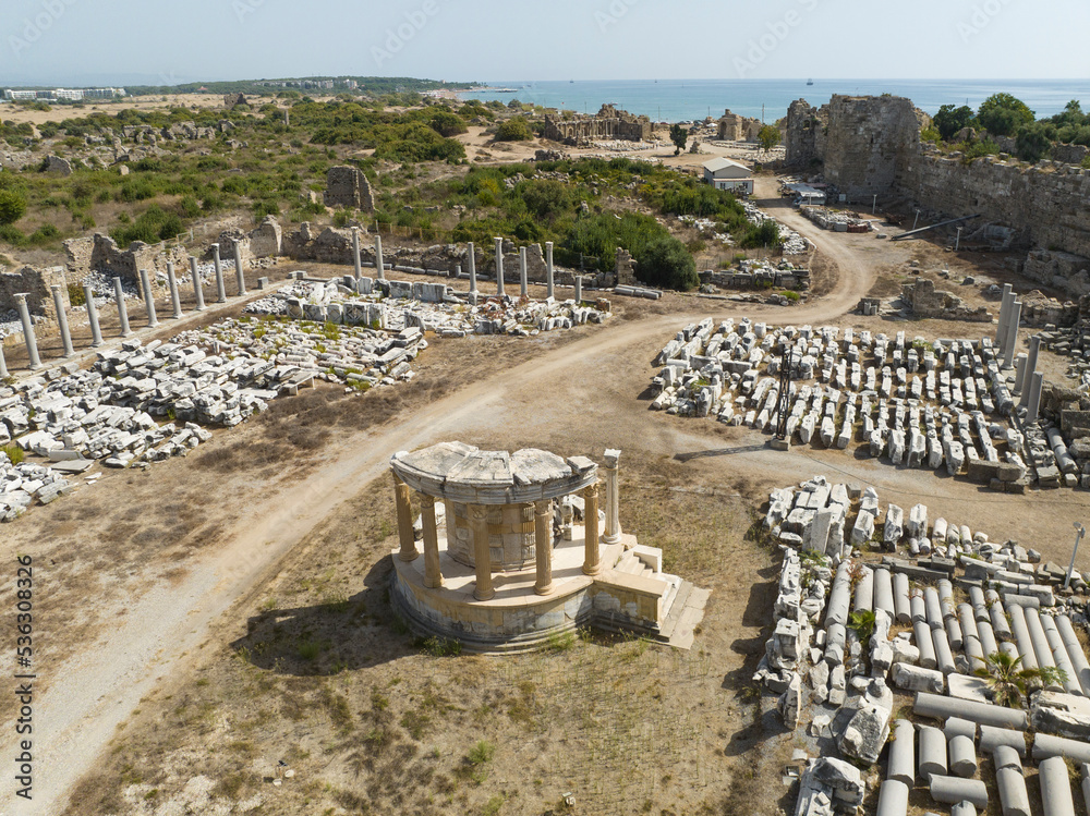 Wall mural side antique city drone photo, side antalya, turkey