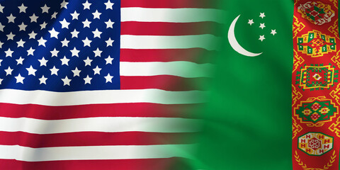 Turkmenistan,USA flag together.Turkmenistan,American waving flag. - obrazy, fototapety, plakaty