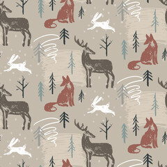 Vector Christmas seamless pattern with hand drawn winter forest trees, animals, abstract texture. Vector endless background of new year symbols