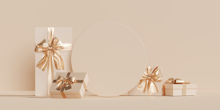 3D podium display, Christmas background for product presentation or text.  Gift box with gold ribbon. Beige birthday backdrop. Nude pedestal showcase.  Present Branding banner. 3D render mockup.