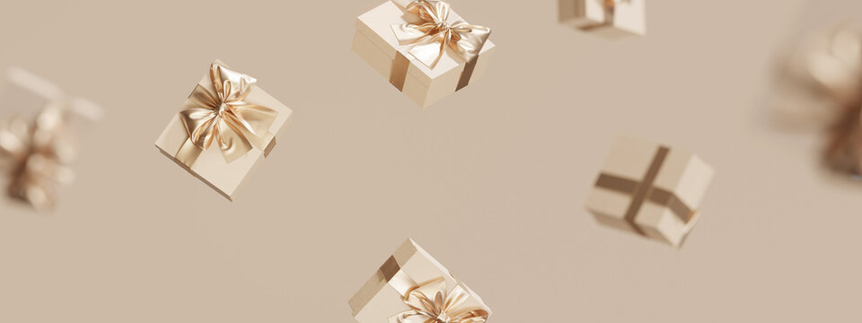 3D gift box, golden ribbon bow levitating on beige pastel background. Flying present abstract for woman. Creative realistic minimal gifts. Copy space banner for text. Birthday or Christmas 3d render