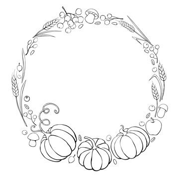 recommend clip art: Vector wreath of autumn harvest symbols: pumpkins, wheat ears, berries, mushrooms in doodle style. Outlinel round frame, border. Theme: forest, happy autumn, Thanksgiving