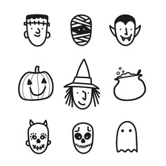 Halloween icons set for web, mobile, decoration kids celebration, party, labels for drink o food. Outline Vector Icons. Frankenstein, witch, mummy, vampire, skull, pumpkin, ghost. 