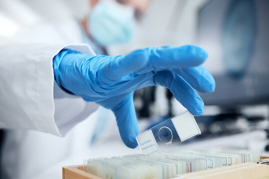 Covid, innovation and research by doctor working with microscope slides in laboratory to study and test. Medical, healthcare and science with male scientist researching medicine sample for treatment