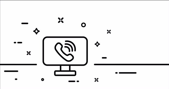 Monitor with phone. Call, handset, 24 on 7, navigation, mail, correspondence, sms, missed. Phone future concept. One line drawing animation. Motion design. Animated technology logo. Video 4K