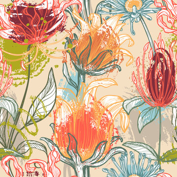 Vector seamless pattern with traditional African flowers and plants and abstract texture.