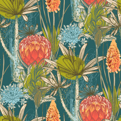 Vector seamless pattern with traditional African flowers and plants and abstract texture.