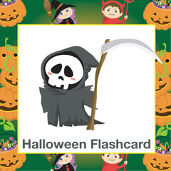 Halloween Flashcards for Children. Ready to print. Printable game card. Educational card for preschool. Vector illustration. Halloween items flashcards for toddlers