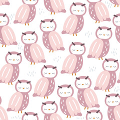 Seamless pattern with pink owls. Cute childish print. Vector hand drawn illustration.