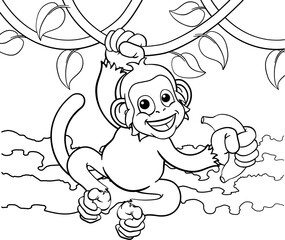 Monkey Singing On Jungle Vines With Banana Cartoon