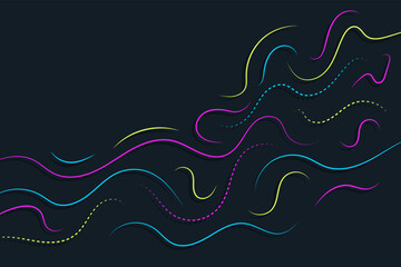 Abstract black background with dynamic colorful particle and flat wavy lines backdrop design