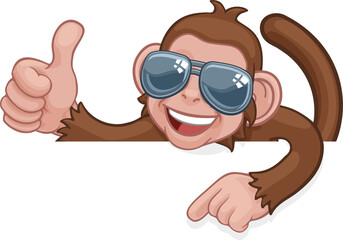 Monkey Sunglasses Thumbs Up Pointing Sign Cartoon