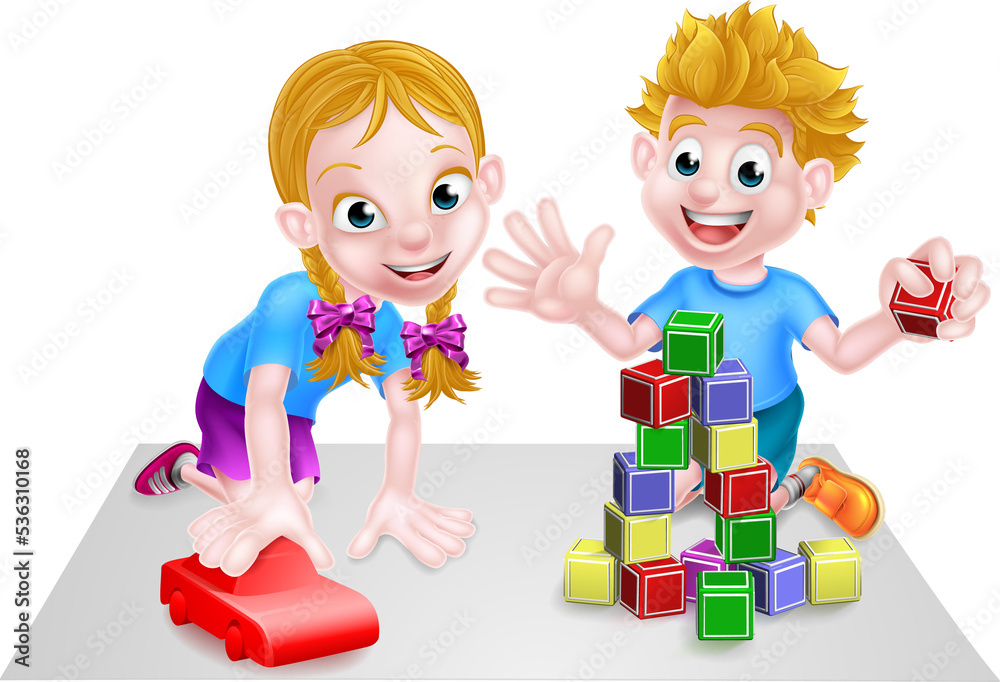 Wall mural Cartoon Boy and Girl Playing with Blocks and Car