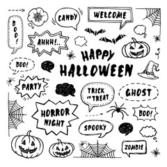 Happy Halloween design elements. Hand Drawn set in doodle style
