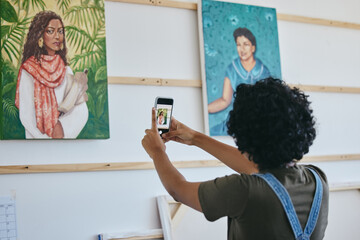 Art gallery, smartphone and black woman with painting taking photo for social media, website or...
