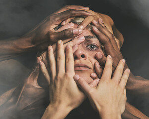Anxiety, schizophrenia and hands woman with mental health, bipolar and trauma feeling paranoid, hallucination and crazy. Scared, fear and hopeless person with bipolar, psychology and dark thoughts - obrazy, fototapety, plakaty
