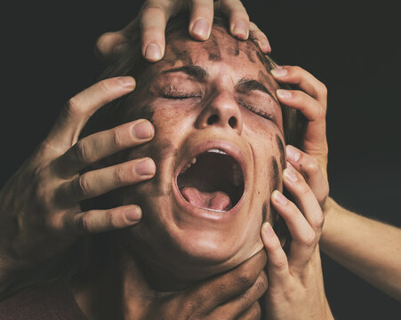 Face, Hands And Anxiety Schizophrenia Woman Crying, Pain And Sad Suffering From Mental Health Depression, Bipolar And Stress. Trauma, Problems And Depressed Girl Screaming, Scared And Shout For Help