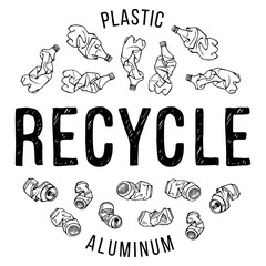 Hand drawn illustration of recyclable materials. Plastic and aluminum trash