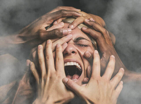 Hands, Face And Woman Abuse Victim With Fear, Mental Health And Pain Scared With Smoke. Crying, Angry And Violence Survivor Screaming In Studio With Dark Background With Stress, Alone And Anxiety.