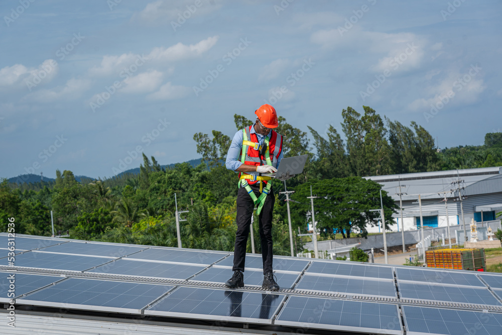 Poster engineer maintenance checking installing solar roof panel on the factory rooftop,survey check solar 