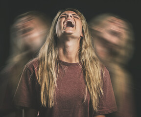 Horror, anxiety or bipolar woman shout in double exposure on a dark studio for psychology and...