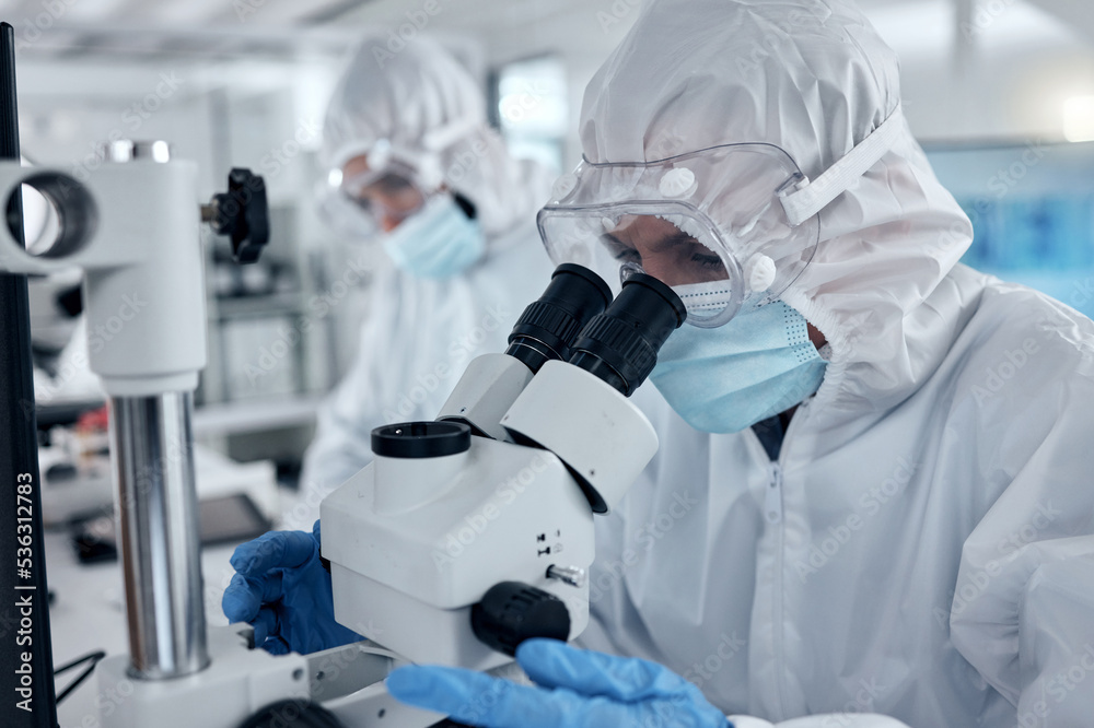Poster ppe, covid and dna scientist with microscope research for science innovation, investigation and deve