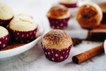 Homemade cinnamon sugar donut muffins, selective focus