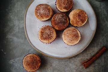 Homemade cinnamon sugar donut muffins, selective focus