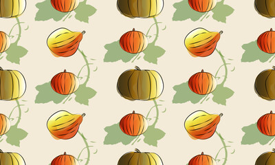 Pumpkins Seamless Pattern. Autumn background in watercolor style. Pattern design for Harvest festival or Thanksgiving day. Illustration for wrapping paper, and textiles.