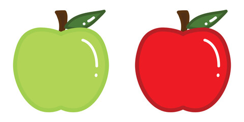 Cute flat glossy green and red apple with leaves. Hand drawn vector illustration isolated on white background.