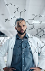 Chemistry man, glass wall and formula writing in science laboratory for medical research,...
