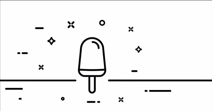 Ice cream on a stick. Street food, fast, sweet, cold, frozen, delicious dessert, sugar cup, waffle. Eating concept. One line drawing animation. Motion design. Animated technology logo. Video 4K
