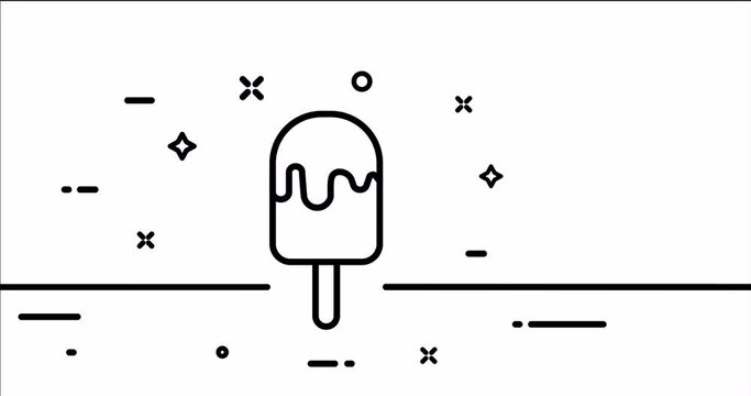Ice cream in glaze on a stick. Street food, fast, sweet, cold, frozen, delicious dessert, sugar cup. Eating concept. One line drawing animation. Motion design. Animated technology logo. Video 4K