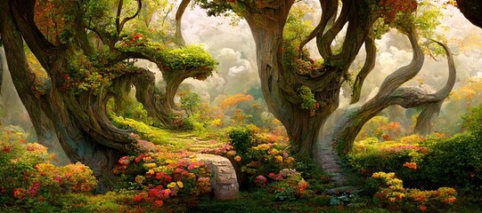 Fototapeta premium Enchanted magic kingdom forest, majestic ancient old oak trees towering high over the mystical woodland glade in warm autumn colors. Dreamy surreal fairytale fantasy art illustration.