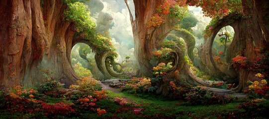 Naklejka premium Enchanted magic kingdom forest, majestic ancient old oak trees towering high over the mystical woodland glade in warm autumn colors. Dreamy surreal fairytale fantasy art illustration.