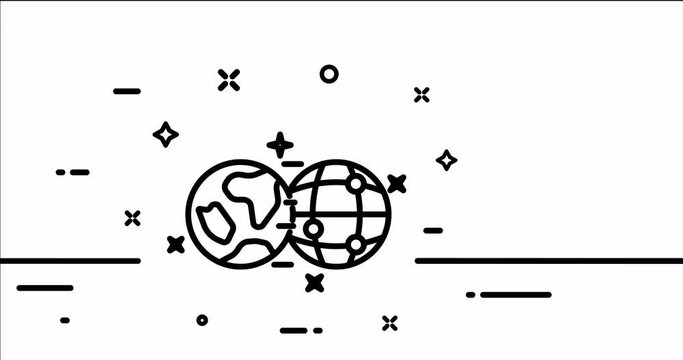 Two globes. Planet, worldwide, gear, satellite, map pointer, location, destination, travel. Geolocation concept. One line drawing animation. Motion design. Animated technology logo. Video 4K