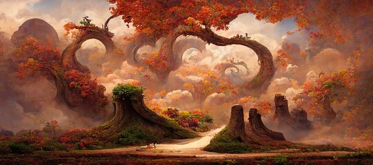 Enchanted magic kingdom forest, majestic ancient old oak trees towering high over the mystical woodland glade in warm autumn colors. Dreamy surreal fairytale fantasy art illustration. - obrazy, fototapety, plakaty