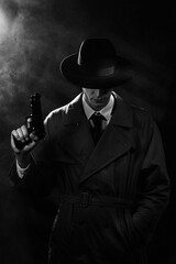 A dark silhouette of a male detective in a coat and hat with a gun in his hands in the Noir style. The head is lowered. A dramatic noir portrait in the style of detectives of the 1960s.